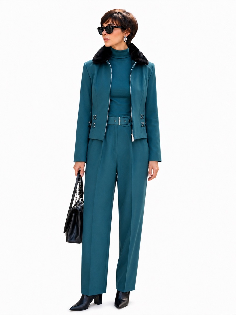 Sophisticate deep emerald jumpsuit and matching jacket, Canadian made, Sz 10